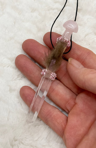 Lemurian Quartz Point with Rose Quartz Mushroom Traveling Wand, Pendant; Heart Healing