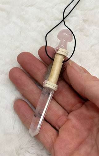 Lemurian Quartz Point with Rose Quartz Mushroom Traveling Wand, Pendant; Heart Healing
