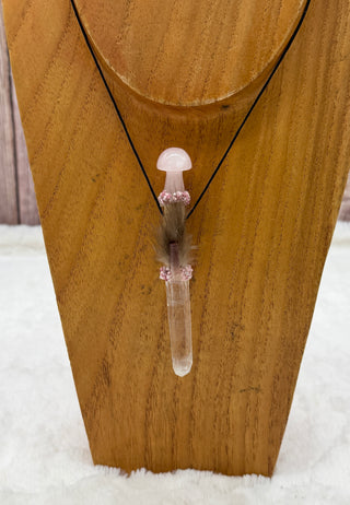 Lemurian Quartz Point with Rose Quartz Mushroom Traveling Wand, Pendant; Heart Healing