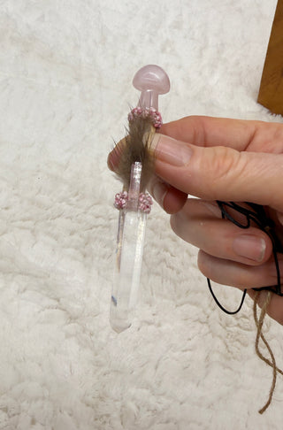 Lemurian Quartz Point with Rose Quartz Mushroom Traveling Wand, Pendant; Heart Healing