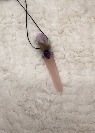 Rose Quartz, Kunzite, Amethyst Skull Traveling Wand, Pendant; Transformation, Wisdom, Spiritual Growth
