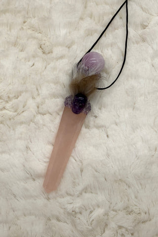 Rose Quartz, Kunzite, Amethyst Skull Traveling Wand, Pendant; Transformation, Wisdom, Spiritual Growth