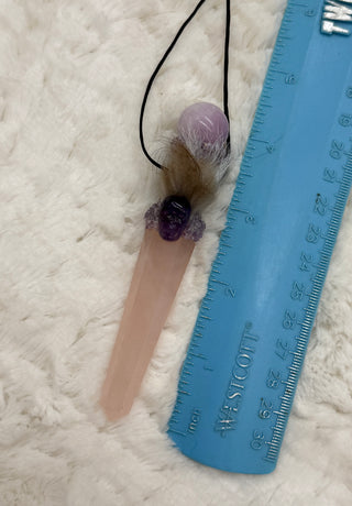 Rose Quartz, Kunzite, Amethyst Skull Traveling Wand, Pendant; Transformation, Wisdom, Spiritual Growth