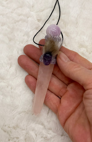 Rose Quartz, Kunzite, Amethyst Skull Traveling Wand, Pendant; Transformation, Wisdom, Spiritual Growth