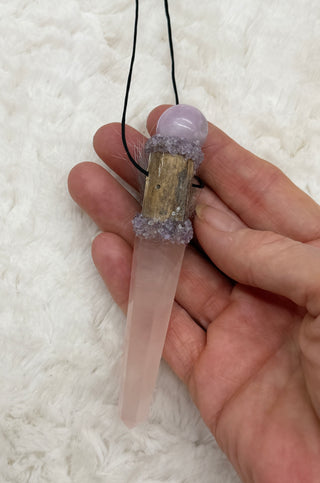 Rose Quartz, Kunzite, Amethyst Skull Traveling Wand, Pendant; Transformation, Wisdom, Spiritual Growth