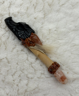 Black Obsidian & Sunstone Dragon Shamanic Healing Wand with Carnelian and Petrified Wood
