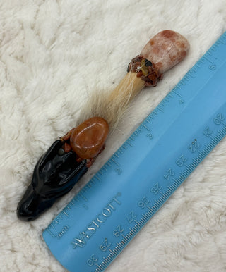 Black Obsidian & Sunstone Dragon Shamanic Healing Wand with Carnelian and Petrified Wood