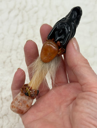 Black Obsidian & Sunstone Dragon Shamanic Healing Wand with Carnelian and Petrified Wood