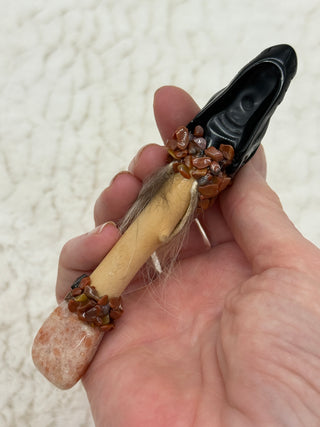 Black Obsidian & Sunstone Dragon Shamanic Healing Wand with Carnelian and Petrified Wood