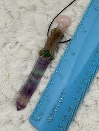 Fluorite, Driftwood, Rose Quartz Mushroom, Dioptase, Peridot Shamanic Traveling Magic Wand, Energy Healing Pendant, Self-Love