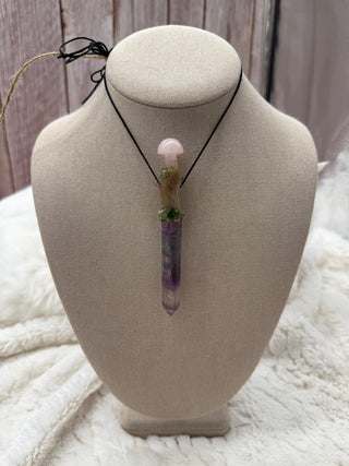 Fluorite, Driftwood, Rose Quartz Mushroom, Dioptase, Peridot Shamanic Traveling Magic Wand, Energy Healing Pendant, Self-Love
