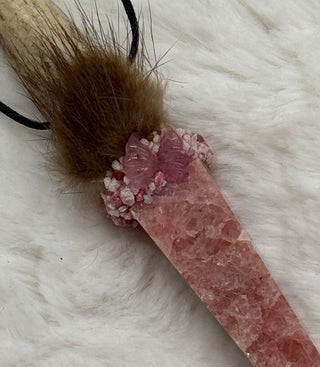 Antler, Rhodochrosite, Pink Tourmaline Butterfly, Thulite Shamanic Traveling Magic Wand, Energy Healing Pendant, Self-Love