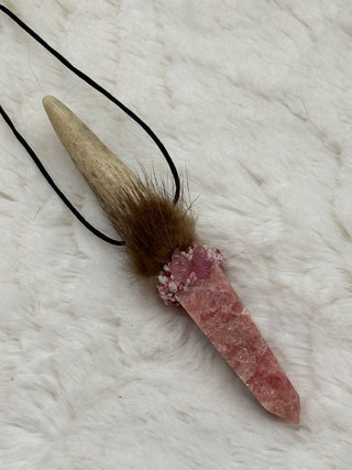 Antler, Rhodochrosite, Pink Tourmaline Butterfly, Thulite Shamanic Traveling Magic Wand, Energy Healing Pendant, Self-Love