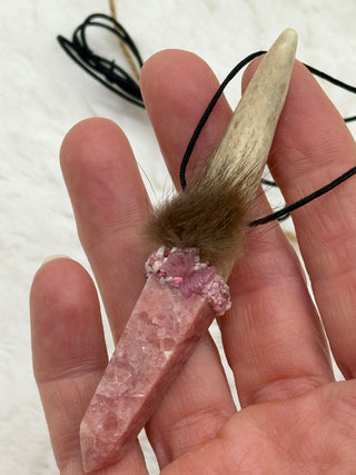 Antler, Rhodochrosite, Pink Tourmaline Butterfly, Thulite Shamanic Traveling Magic Wand, Energy Healing Pendant, Self-Love