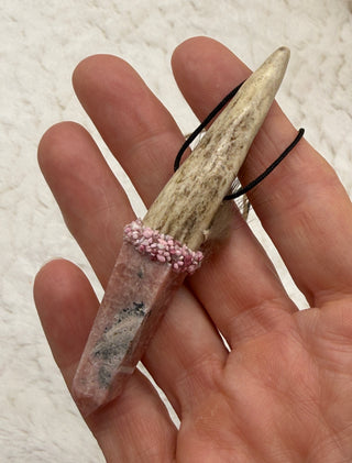 Antler, Rhodochrosite, Pink Tourmaline Butterfly, Thulite Shamanic Traveling Magic Wand, Energy Healing Pendant, Self-Love