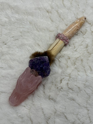 Rose Quartz & Crazy Lace Agate Dragon Shamanic Healing Wand with Amethyst, Thulite