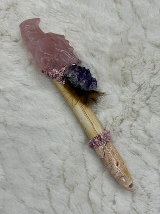 Rose Quartz & Crazy Lace Agate Dragon Shamanic Healing Wand with Amethyst, Thulite