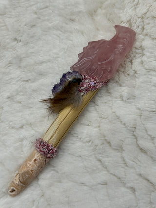 Rose Quartz & Crazy Lace Agate Dragon Shamanic Healing Wand with Amethyst, Thulite