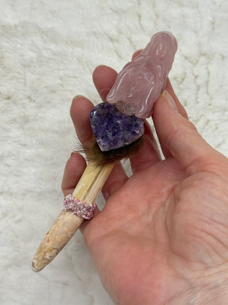 Rose Quartz & Crazy Lace Agate Dragon Shamanic Healing Wand with Amethyst, Thulite