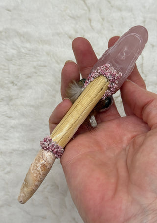Rose Quartz & Crazy Lace Agate Dragon Shamanic Healing Wand with Amethyst, Thulite