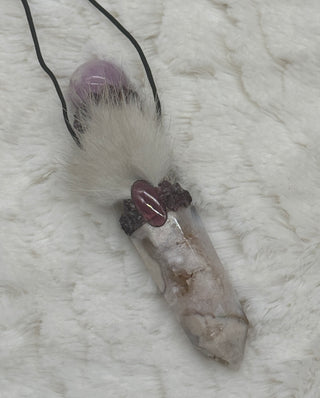 Flower Agate, Kunzite, Garnet & Rhodolite Shamanic Traveling Magic Wand, Energy Healing Pendant, Divine Feminine, Passion