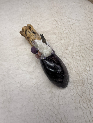 Cholla Cactus, Amethyst, White Calcite, Purpurite, Grape Agate, Charoite, Topaz Shamanic Healing Wand