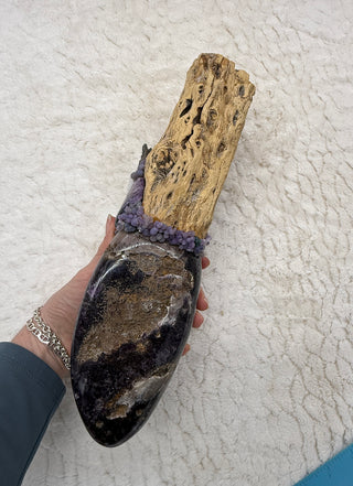 Cholla Cactus, Amethyst, White Calcite, Purpurite, Grape Agate, Charoite, Topaz Shamanic Healing Wand