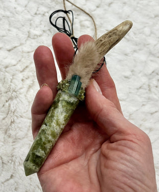 Antler, Serpentine, Green Tourmaline, Peridot Shamanic Traveling Magic Wand, Energy Healing Pendant, Heart, Crown, Third Eye, Solar Plexus - Journey There - 
