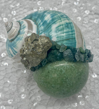 Turbo Shell, Chrysoprase Sphere, Emerald, Moss Agate, Pyrite, Shamanic Orb of Light, Healing, Opens Heart, Intuition, Rejuvenation - Journey There -
