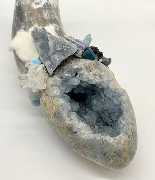 Buffalo, Celestite, Blue Chalcedony Druzy, Quartz, Aquamarine, Aqua Aura Quartz, Apatite, Agate, Shamanic Healing Altar Piece, OOAK Ceremony - Journey There -