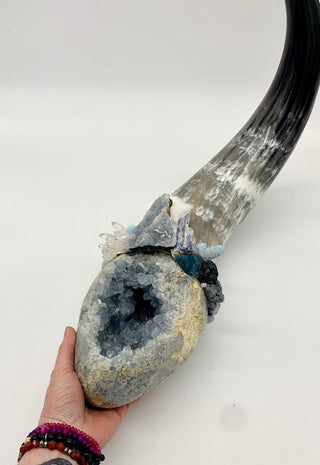 Buffalo, Celestite, Blue Chalcedony Druzy, Quartz, Aquamarine, Aqua Aura Quartz, Apatite, Agate, Shamanic Healing Altar Piece, OOAK Ceremony - Journey There -