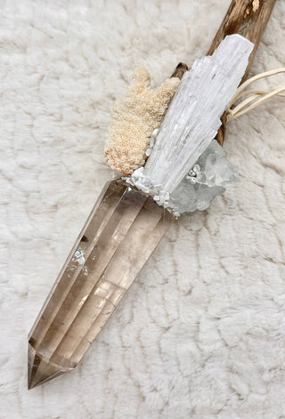 Septor, Oak, Vogel Smoky Quartz, Moonstone, Scolecite, Apophyllite, Grape Agate Shamanic Healing Wand Magic, Crown, Priestess, Higher Realms - Journey There -